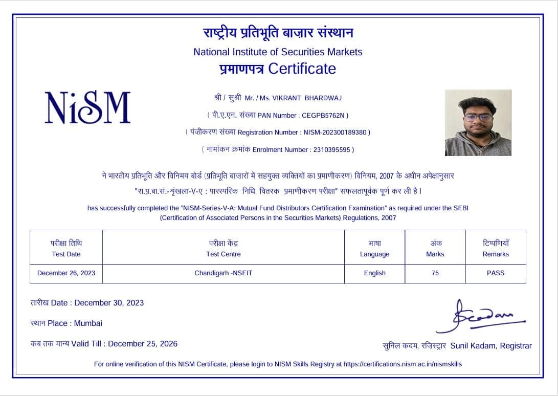 NISM Series V-A Mutual Fund Distributors Certification for Vikrant Bhardwaj