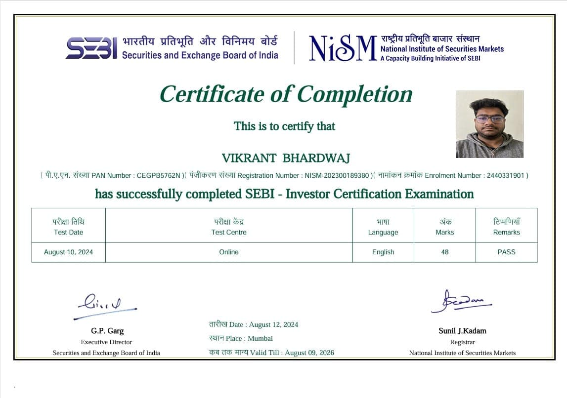 SEBI Investor Certification Examination for Vikrant Bhardwaj