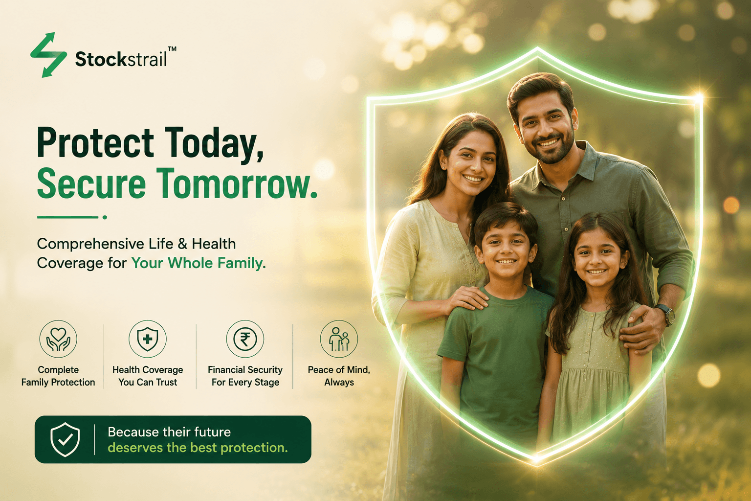 Indian family protected under comprehensive life and health insurance coverage with Stockstrail