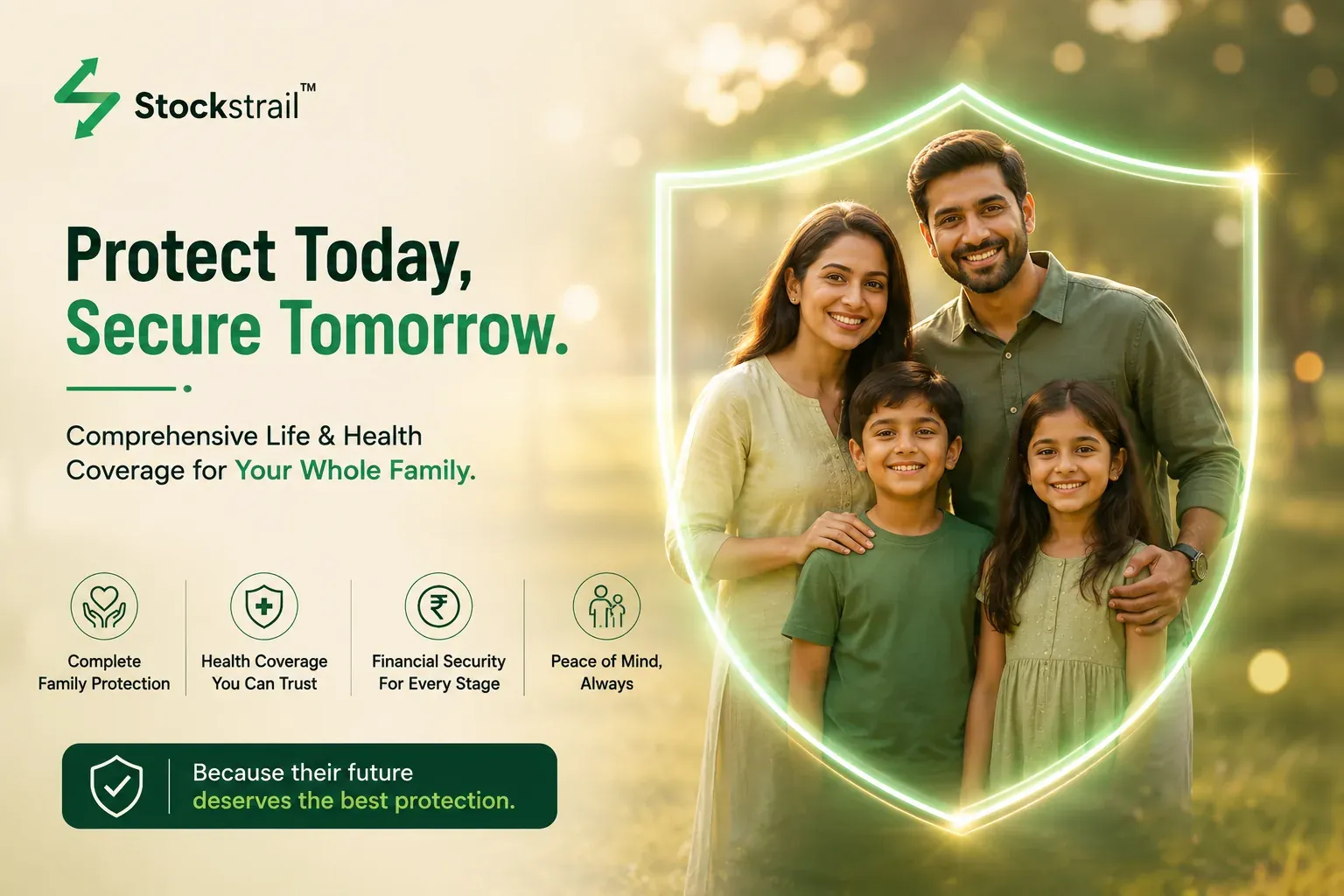 Indian family protected under comprehensive life and health insurance coverage with Stockstrail